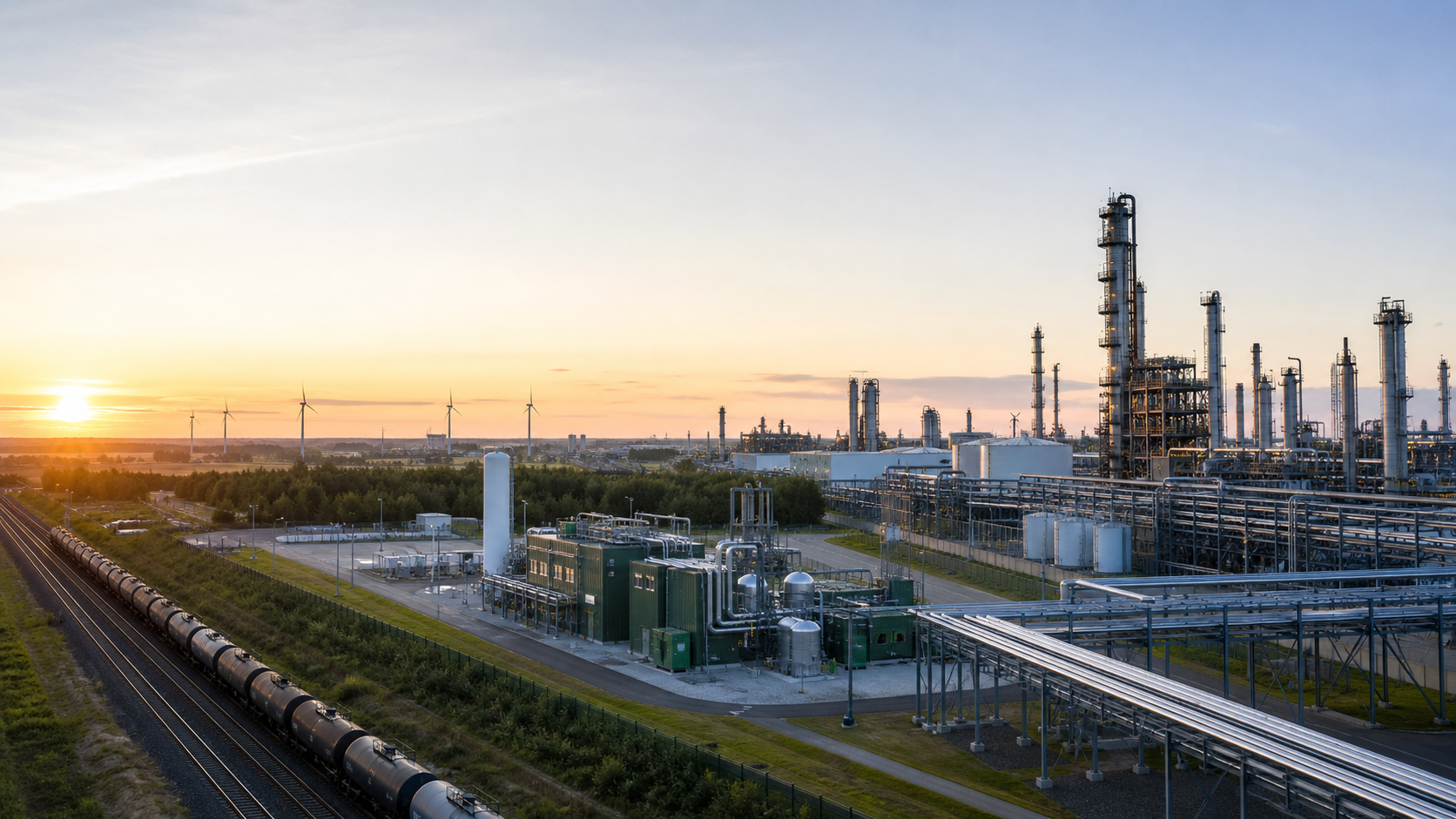 Conceptual view of a refinery, renewable hydrogen infrastructure, railway and wind turbines at sunrise